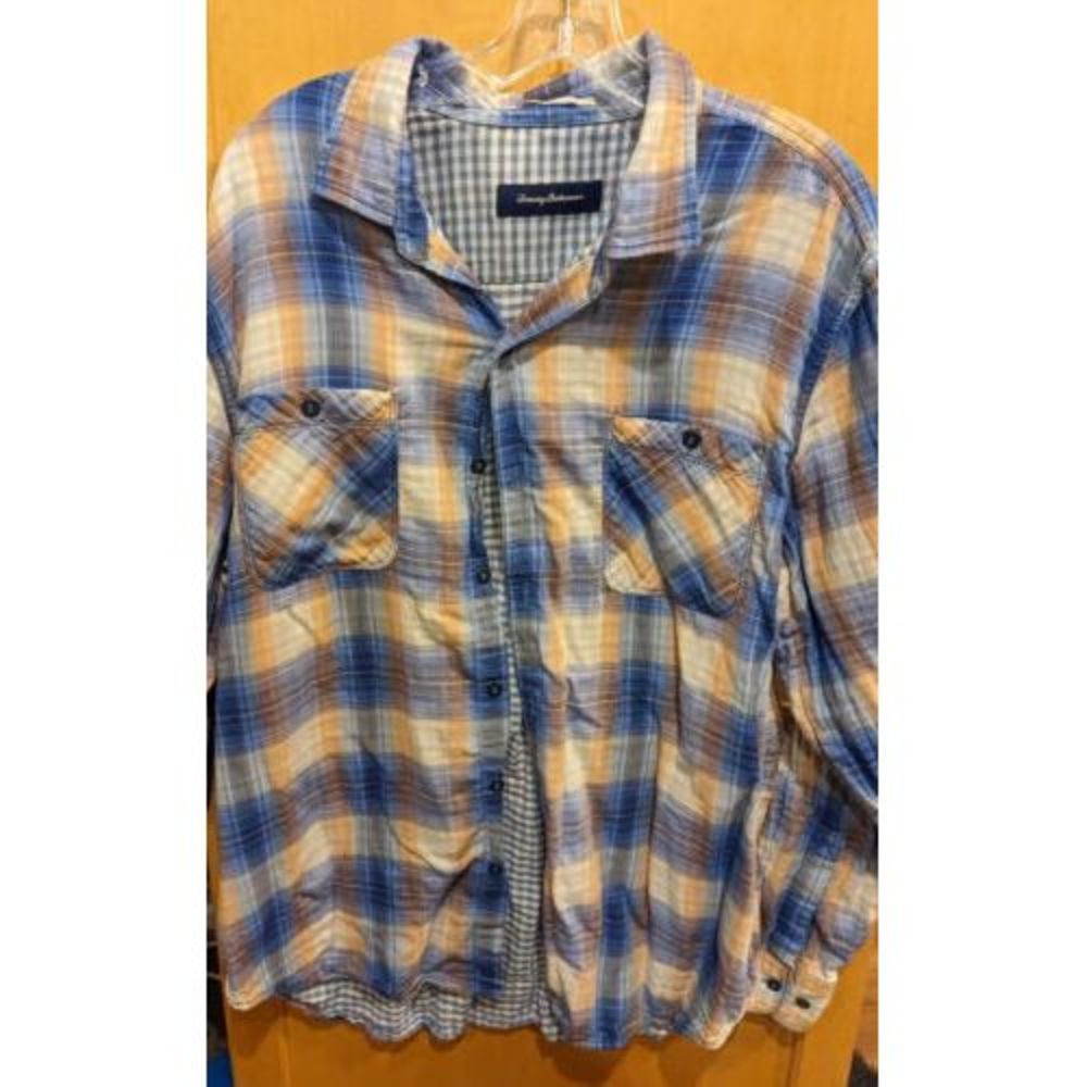 Tommy Bahama Shirt Adult Large Blue orange Plaid Button Up Long Sleeve Mens